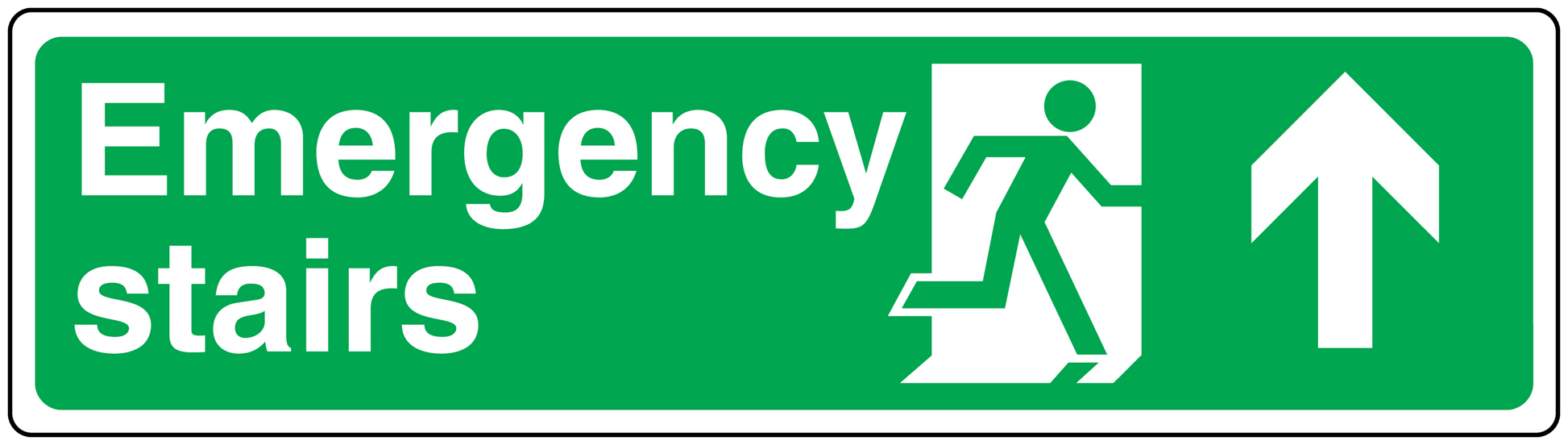 Emergency stairs up sticker, green with white text and running-up arrow pictogram