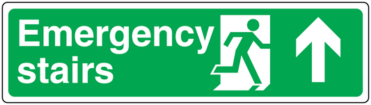 Emergency stairs up sticker, green with white text and running-up arrow pictogram
