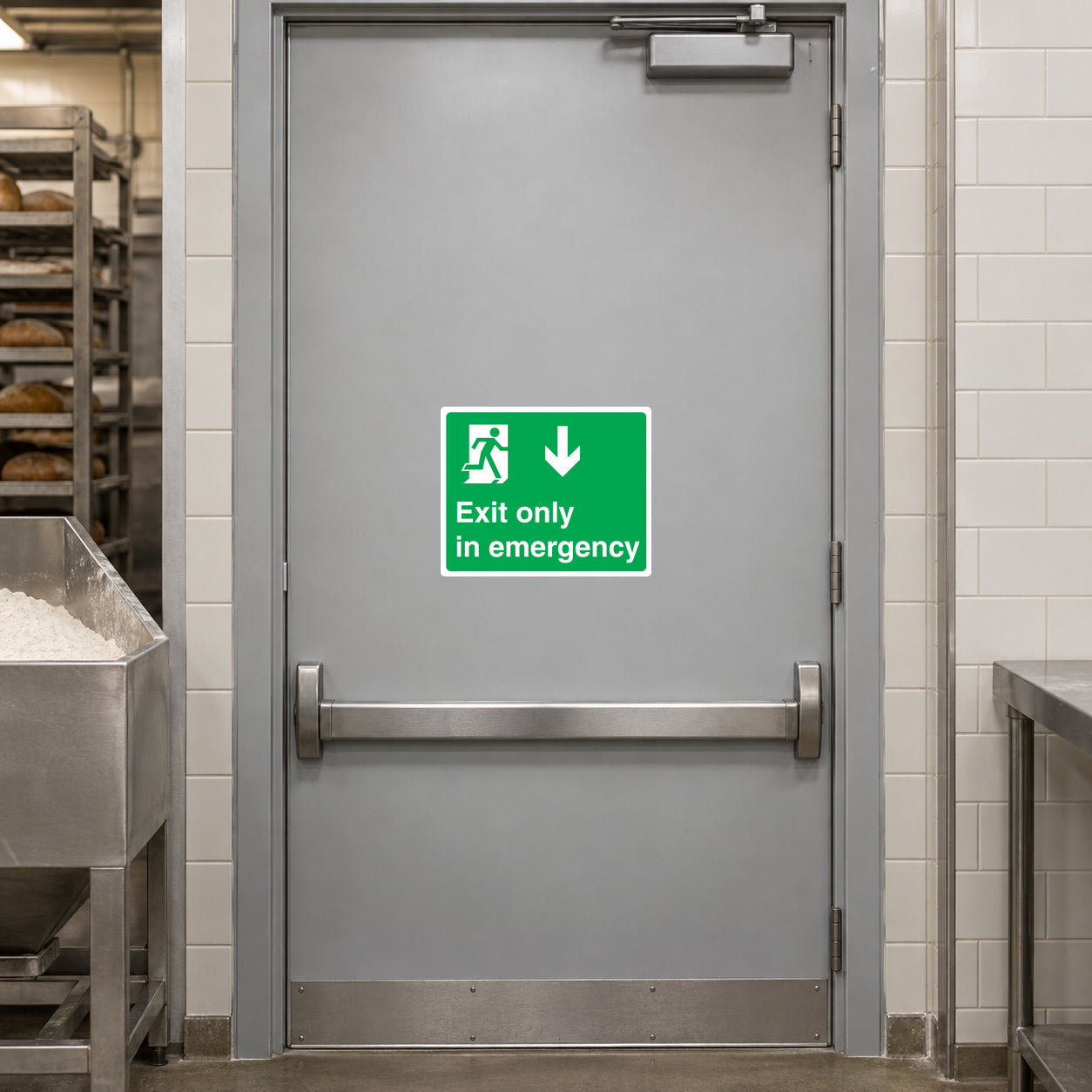 Exit Only In Emergency wall sticker, green sign with running person and arrow icons