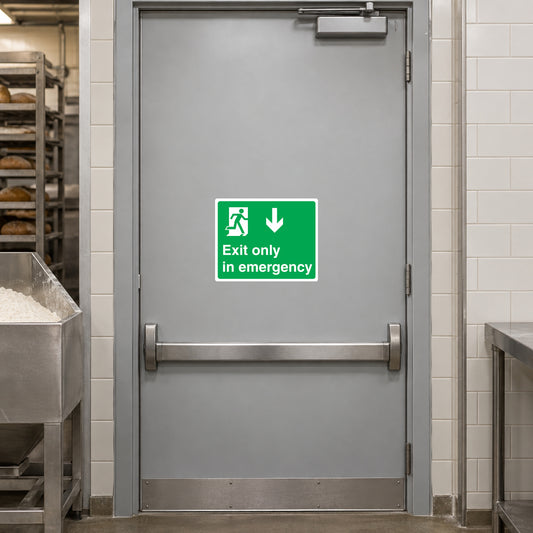 Exit Only In Emergency wall sticker, green sign with running person and arrow icons