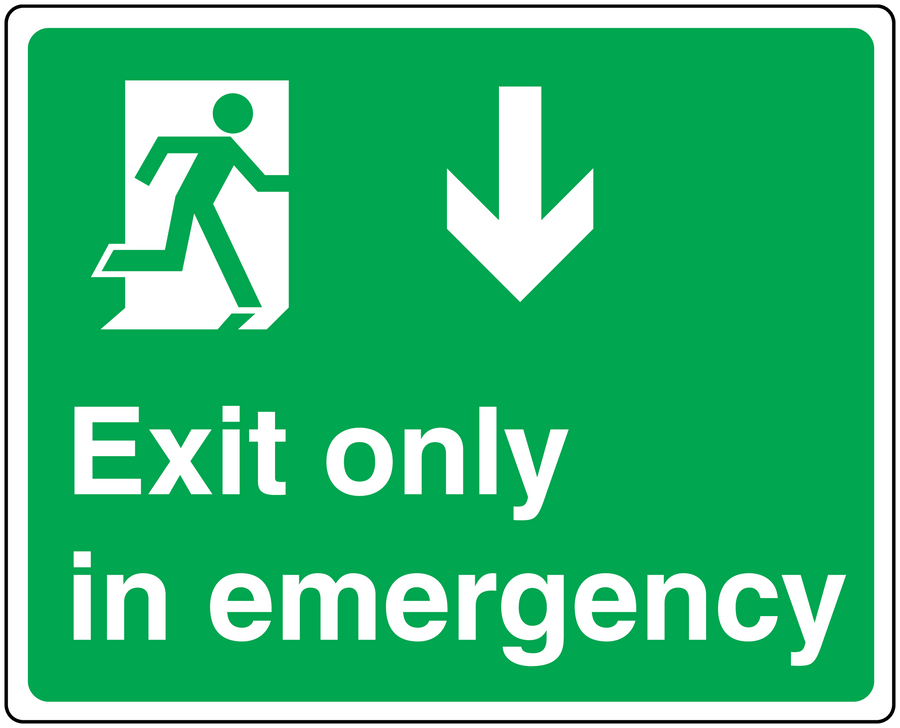 Green emergency exit sticker with running figure, down arrow, and Exit only in emergency text