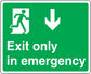 Green emergency exit sticker with running figure, down arrow, and Exit only in emergency text