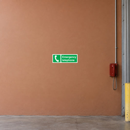 Emergency telephone sticker, green with white phone icon and text