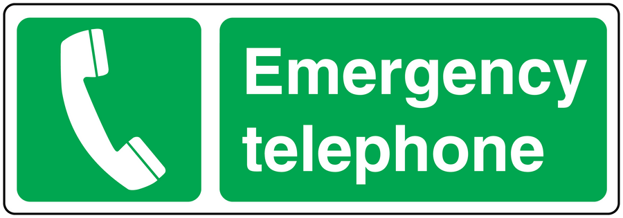 Emergency telephone sticker with green icon and white text, phone receiver symbol
