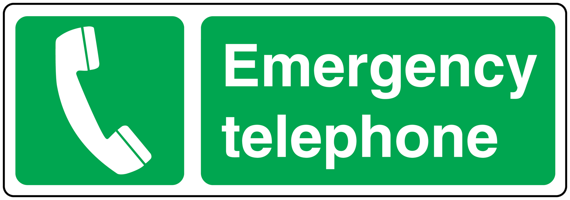 Emergency telephone sticker with green icon and white text, phone receiver symbol