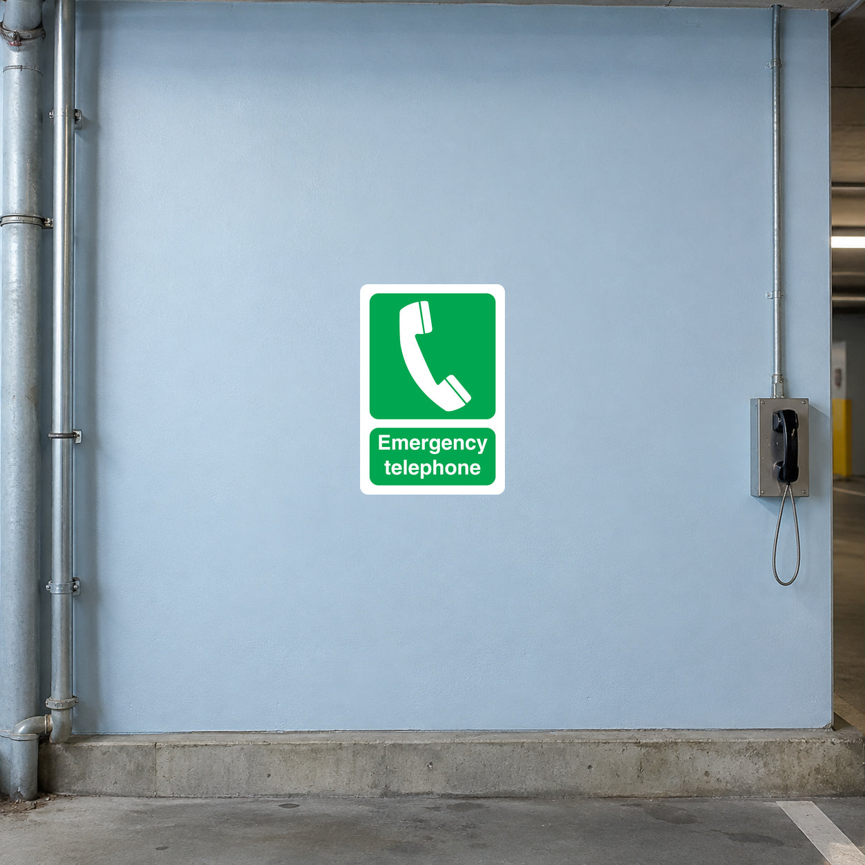 Emergency telephone safety sticker: green phone icon and Emergency telephone label