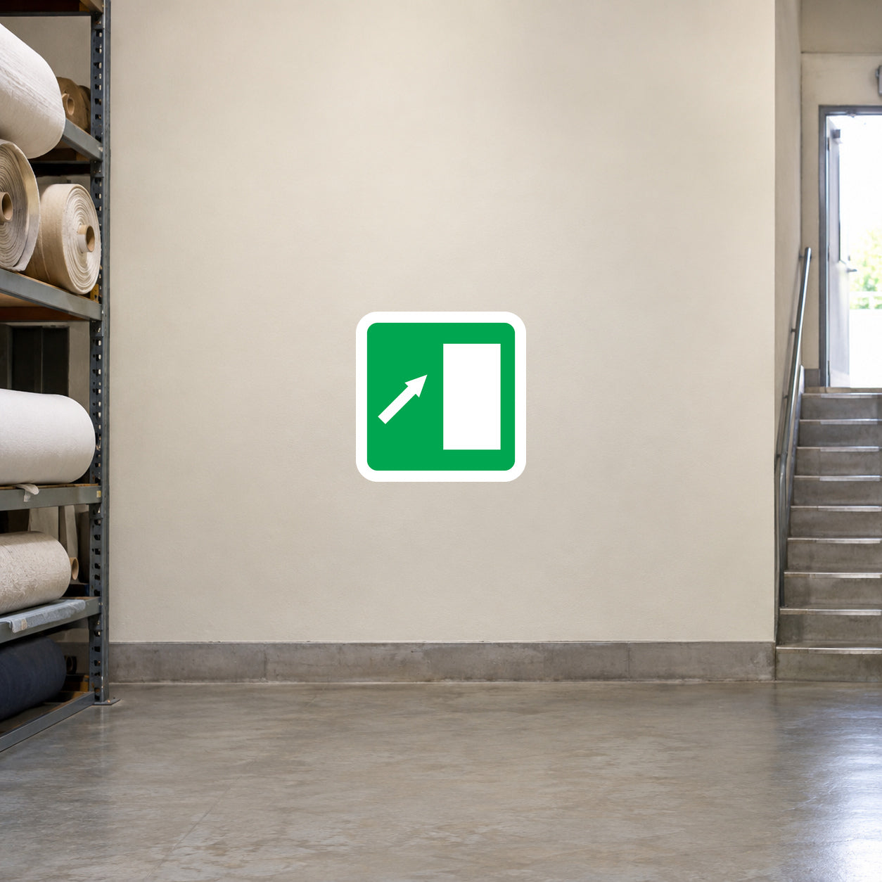 Emergency up arrow sticker, green square with white border and upward pointing arrow