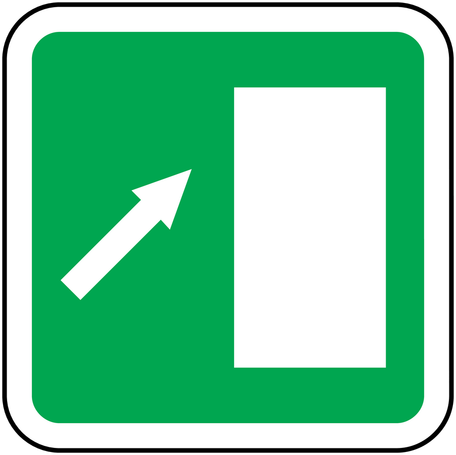 Green emergency up arrow sticker with white panel and border, rounded square shape