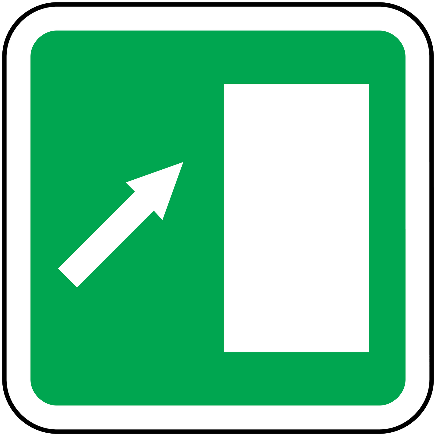 Green emergency up arrow sticker with white panel and border, rounded square shape