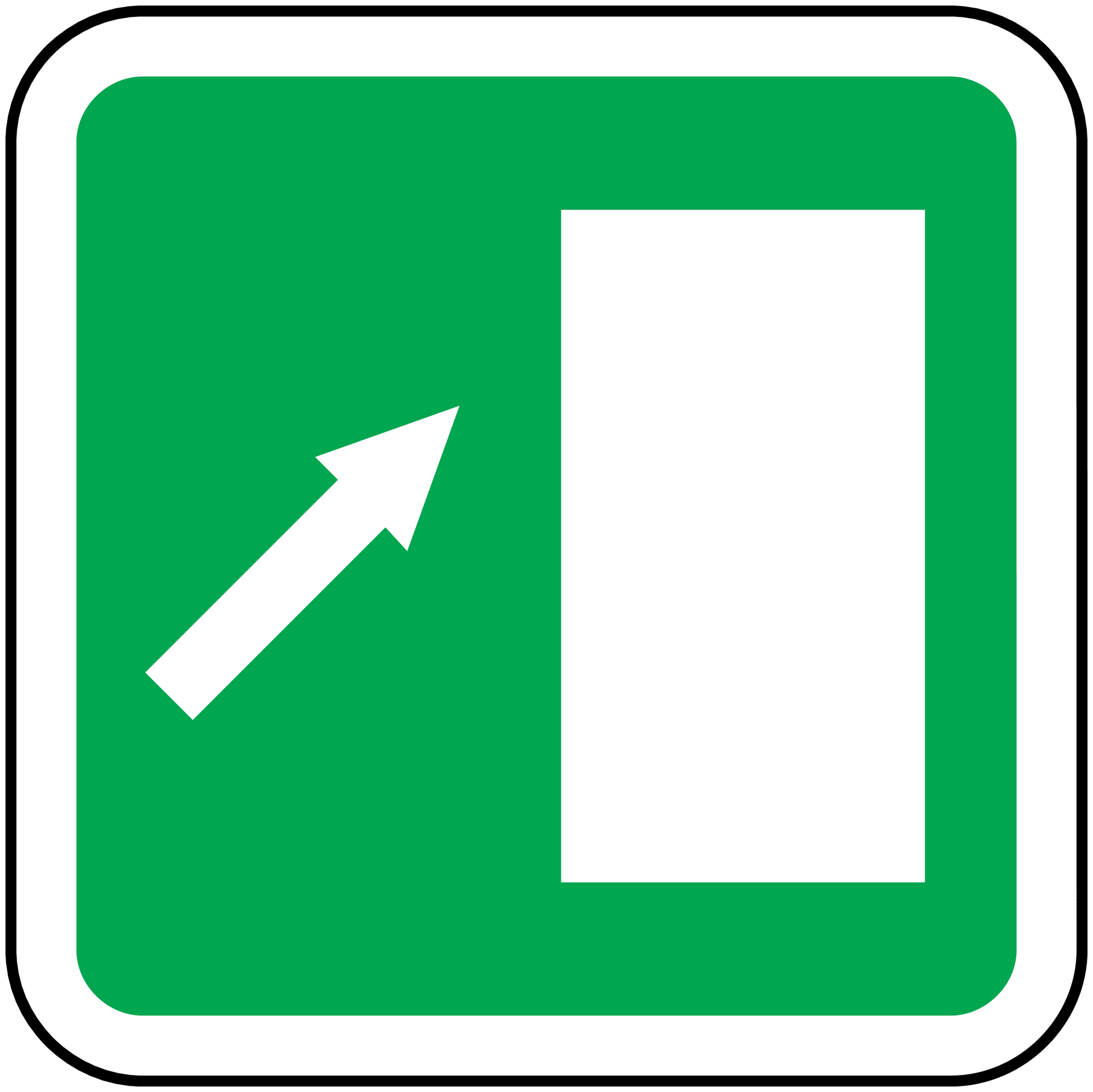 Green emergency up arrow sticker with white panel and border, rounded square shape