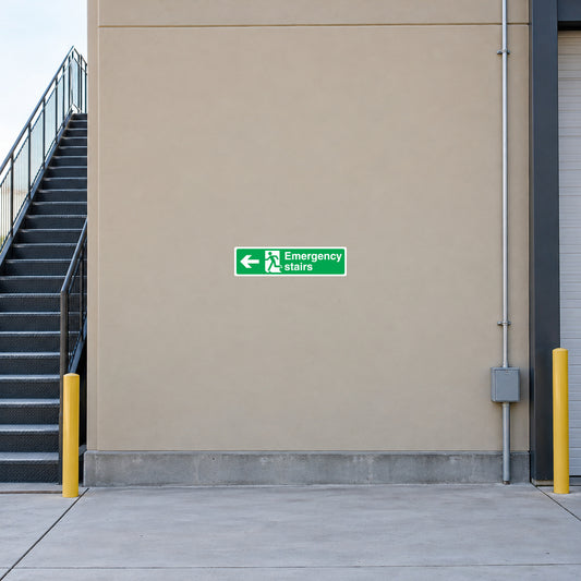 Emergency stairs left directional sticker with green arrow and safety icon