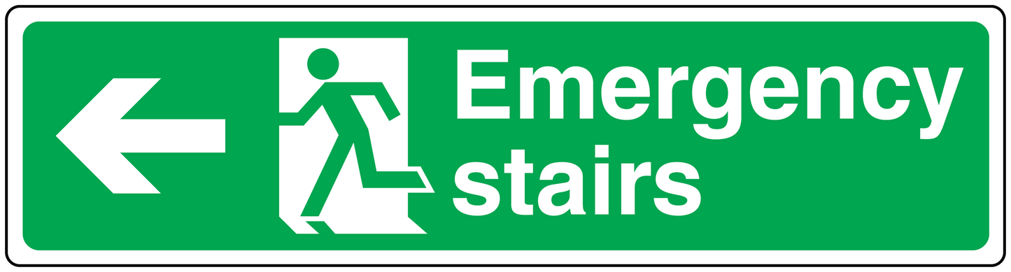 Green emergency stairs left arrow sticker with stairs exit pictogram