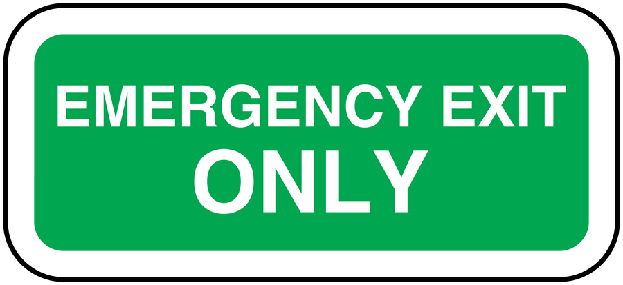 Emergency exit only sticker, green with white lettering, rectangular with rounded border
