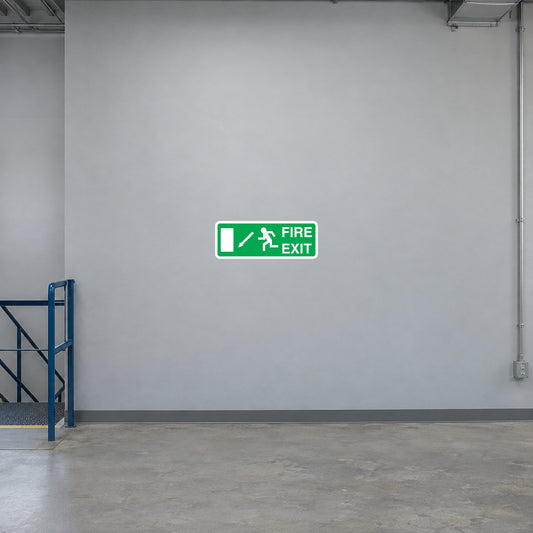 Green fire exit sticker with illuminated-style EXIT text and running figure icon