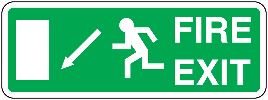Green fire exit sign sticker with white border, FIRE EXIT text, arrow and running figure