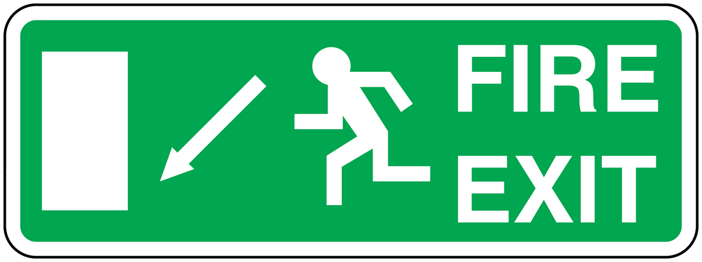 Green fire exit sign sticker with white border, FIRE EXIT text, arrow and running figure