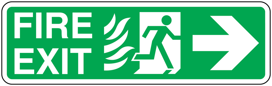 Emergency fire exit right sticker with green FIRE EXIT text, running icon, right arrow