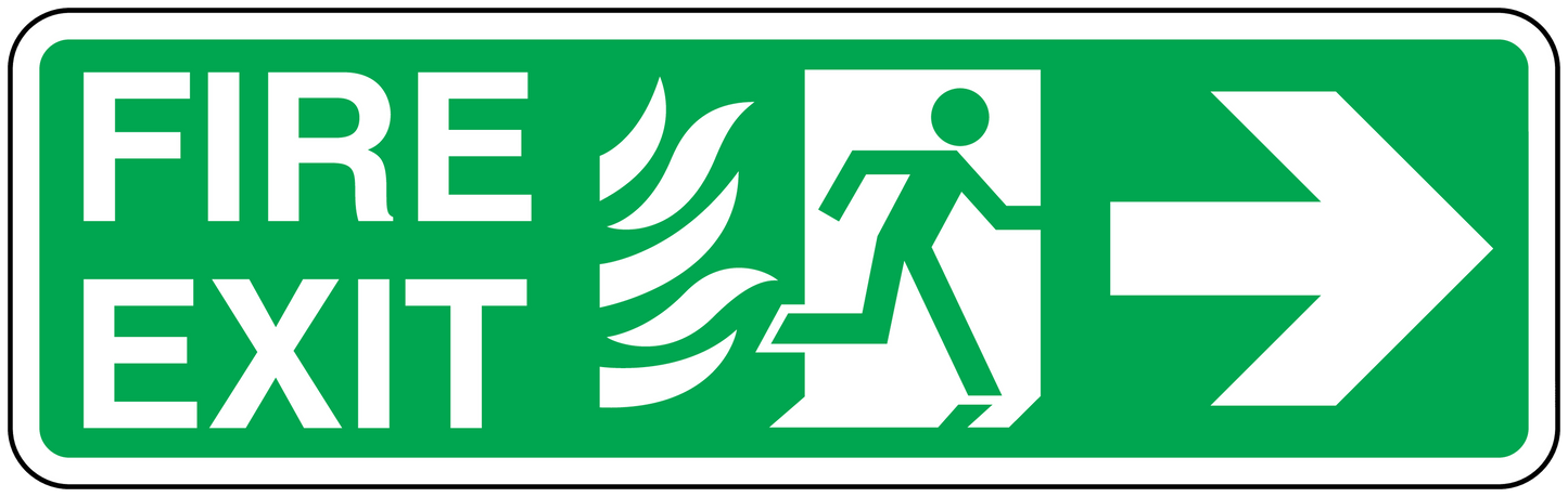 Emergency fire exit right sticker with green FIRE EXIT text, running icon, right arrow