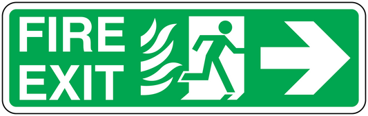 Emergency fire exit right sticker with green FIRE EXIT text, running icon, right arrow