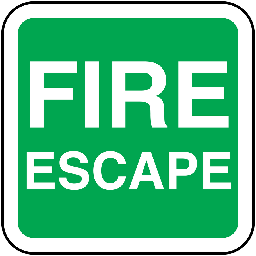 Fire escape sticker: green square with white border and FIRE ESCAPE text