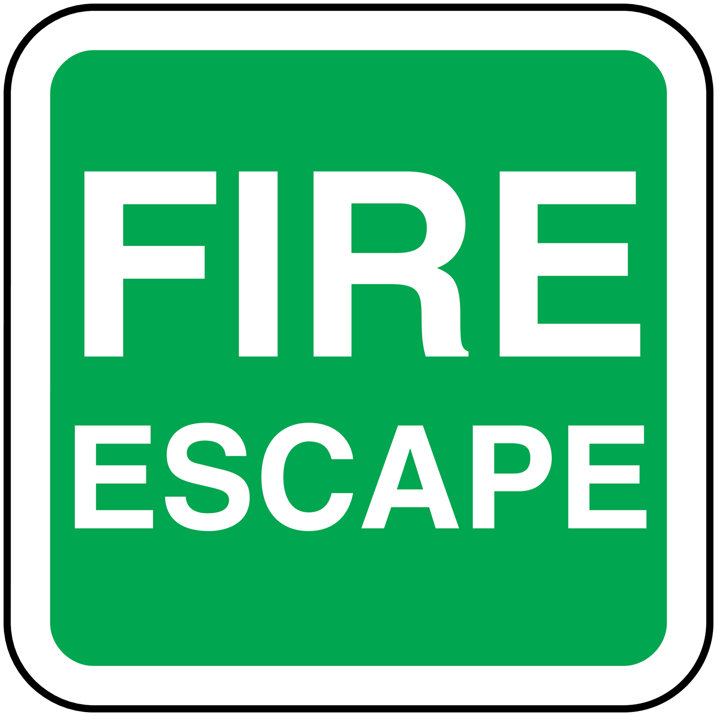 Fire escape sticker: green square with white border and FIRE ESCAPE text