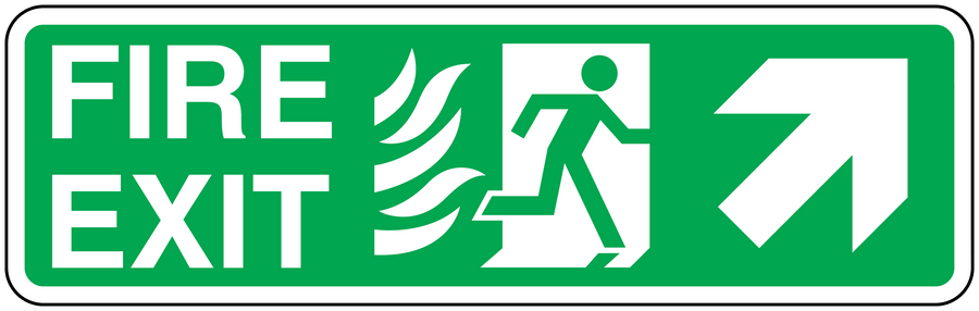 Fire exit up sticker with FIRE EXIT text, running figure, and up arrow in green