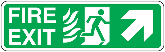 Fire exit up sticker with FIRE EXIT text, running figure, and up arrow in green