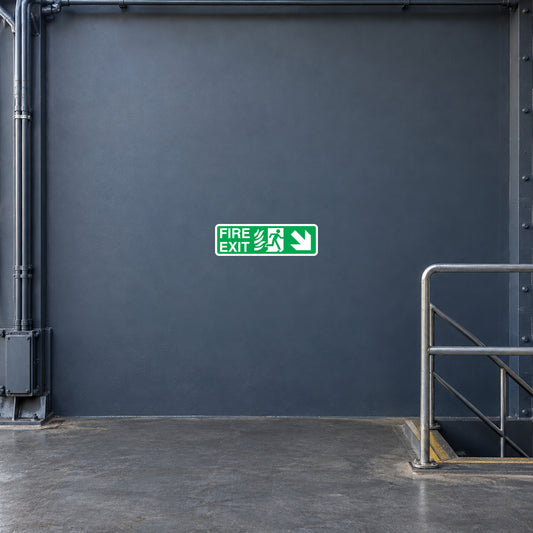 Green fire exit down sticker with running figure and arrow