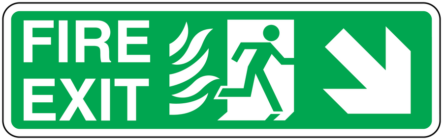 Green fire exit down sticker with running figure, flames, and white arrow