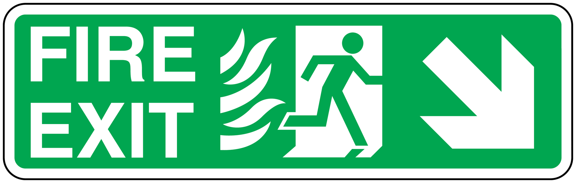 Green fire exit down sticker with running figure, flames, and white arrow