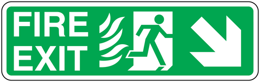 Green fire exit down sticker with running figure, flames, and white arrow