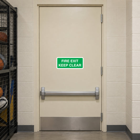 Green fire exit keep clear sticker on a door, white text on green sign