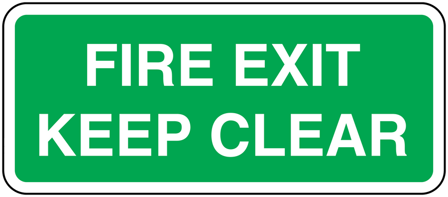 Fire exit keep clear sticker, green with white bold text and white border