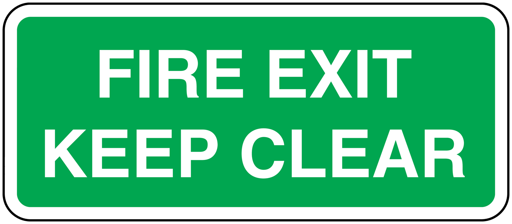 Fire exit keep clear sticker, green with white bold text and white border