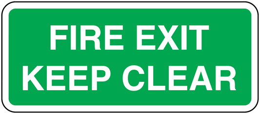 Fire exit keep clear sticker, green with white bold text and white border