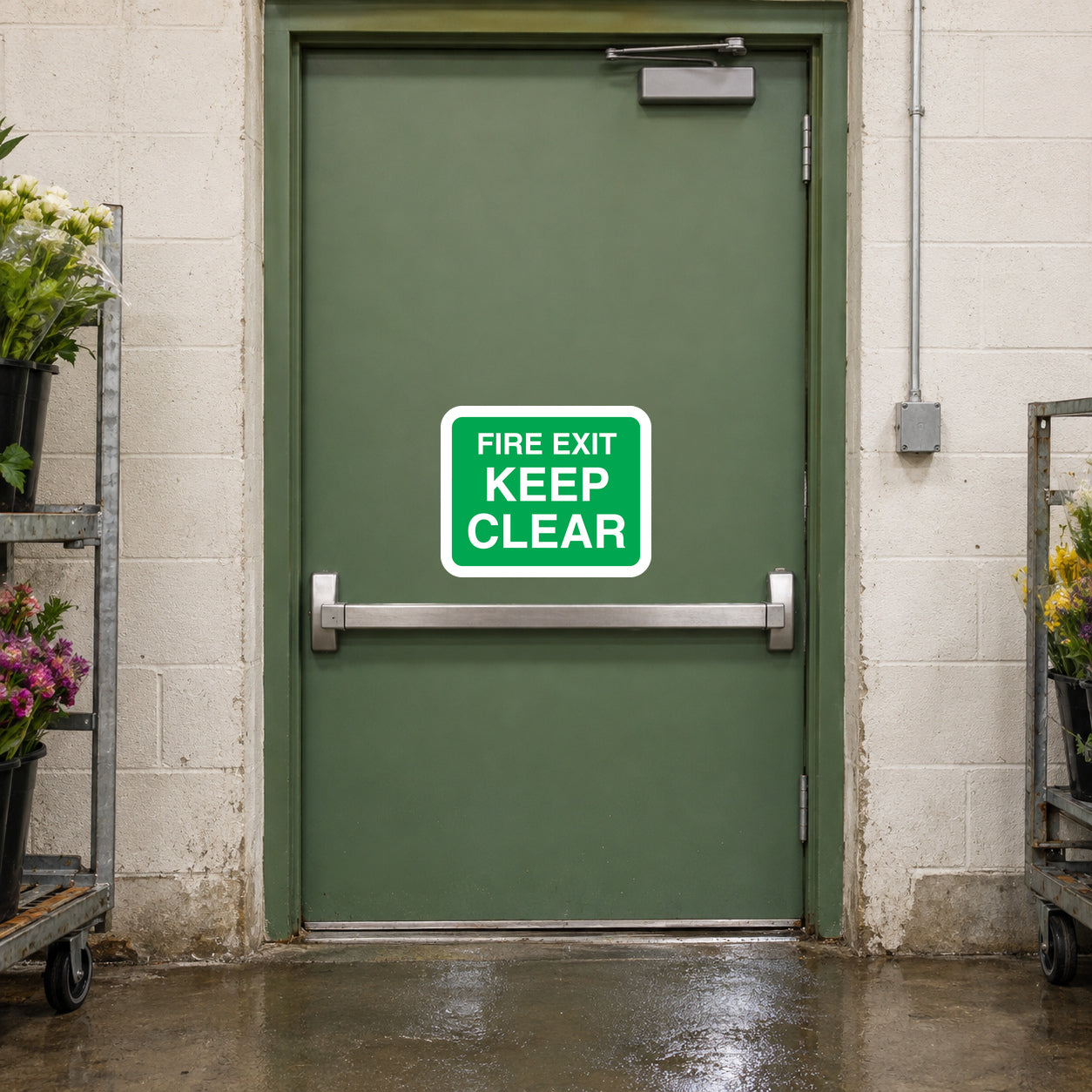 Green fire exit keep clear sticker with bold “FIRE EXIT KEEP CLEAR” text