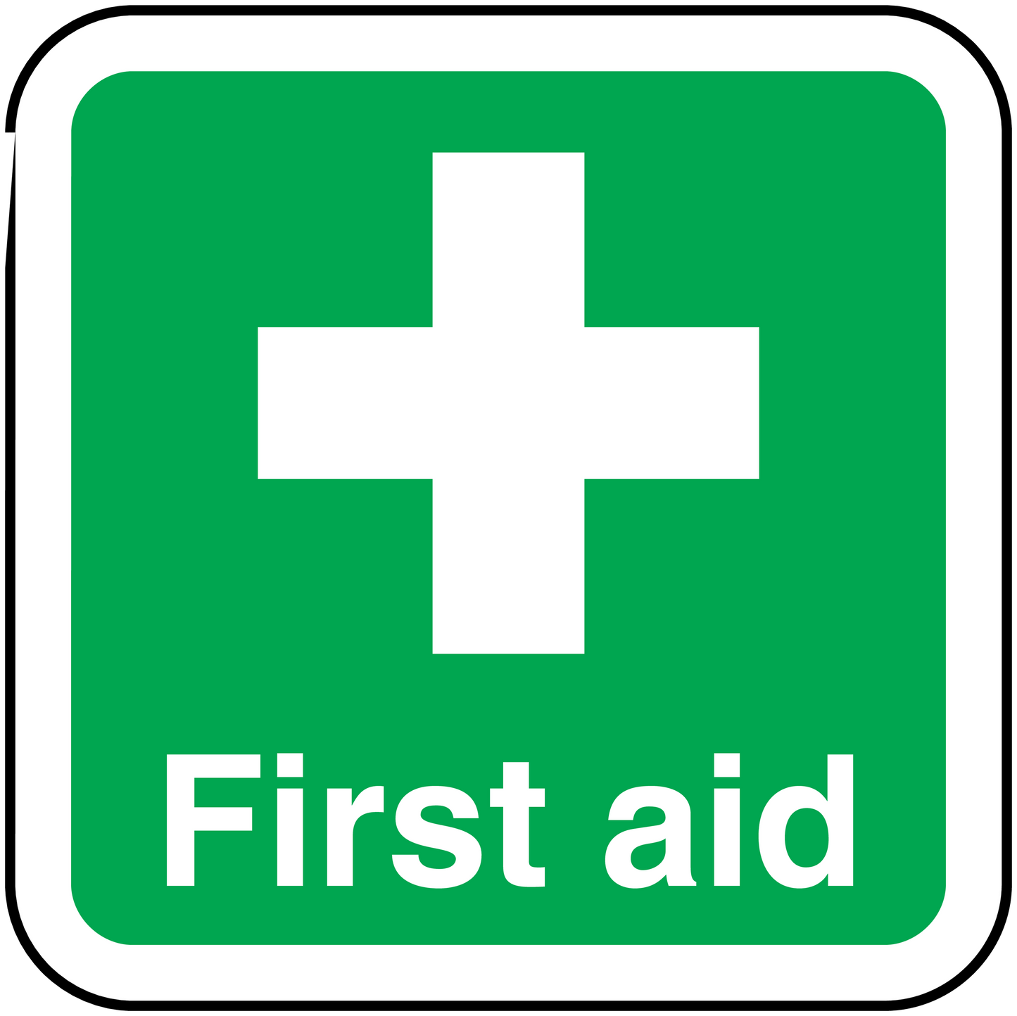 Green first aid sticker with white cross and “First aid” text
