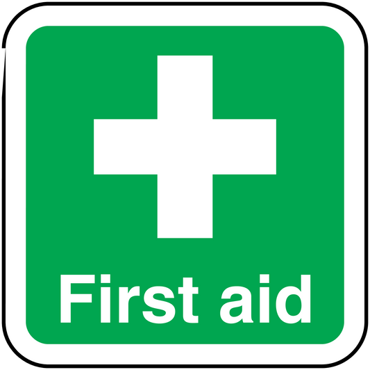 Green first aid sticker with white cross and “First aid” text