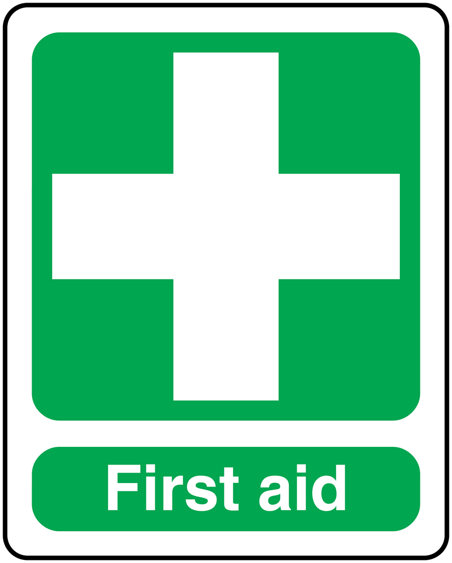 First aid sticker with white cross and 'First aid' text