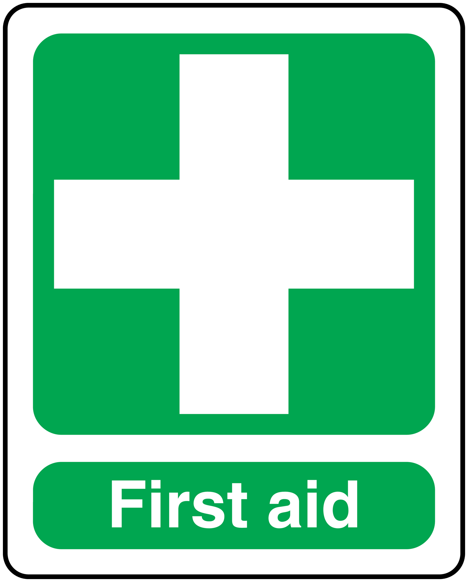 First aid sticker with white cross and 'First aid' text
