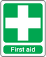 First aid sticker with white cross and 'First aid' text
