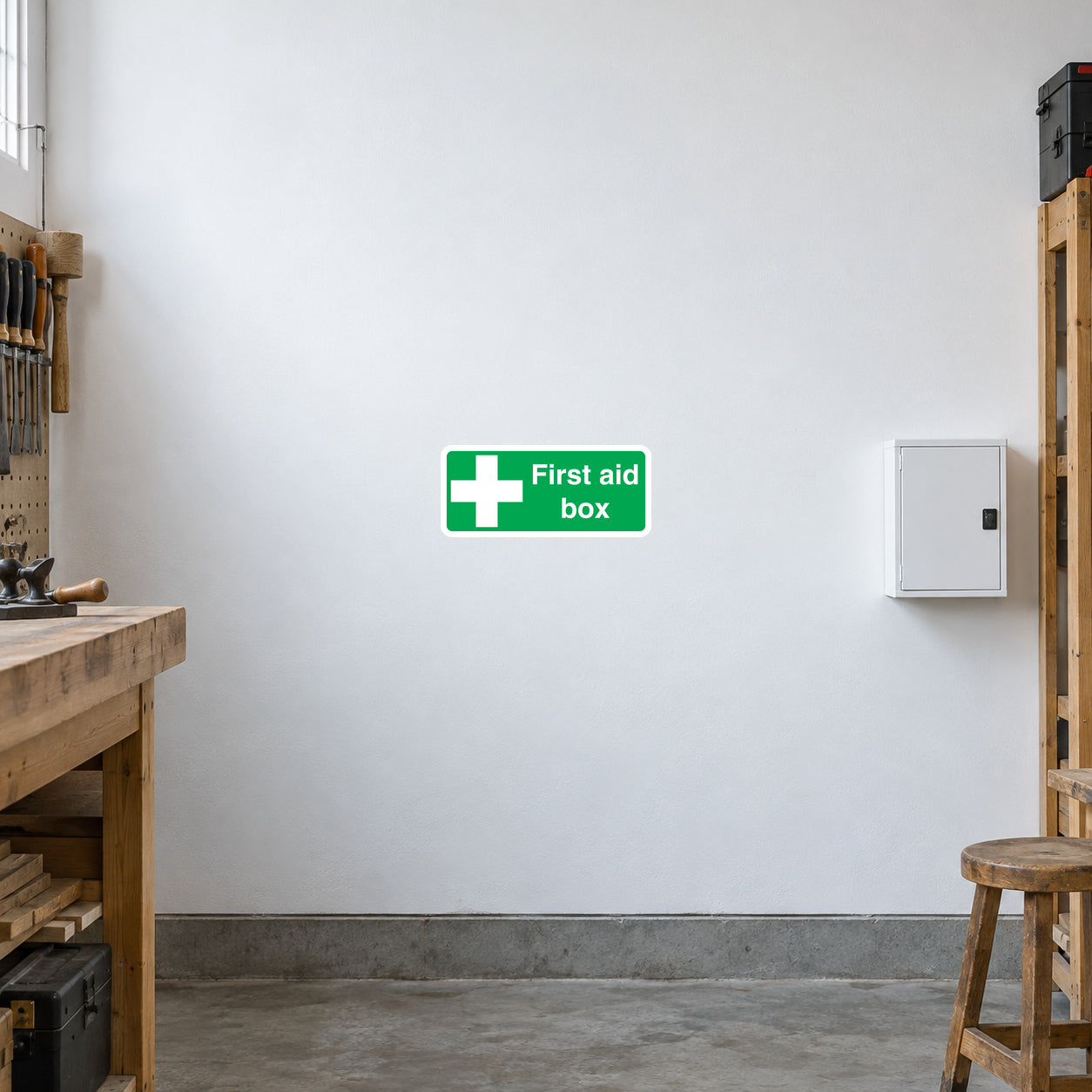 Green first aid box sticker with white cross and 'First aid box' text