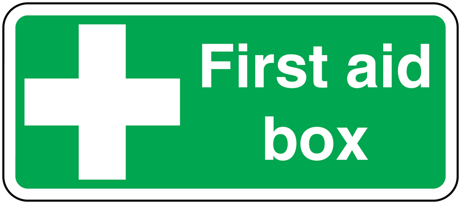 First aid box sticker in green with white cross and 'First aid box' text