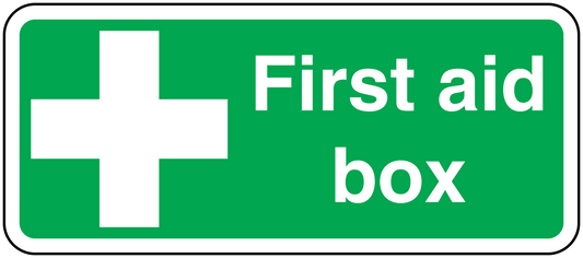 First aid box sticker in green with white cross and 'First aid box' text