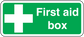 First aid box sticker in green with white cross and 'First aid box' text