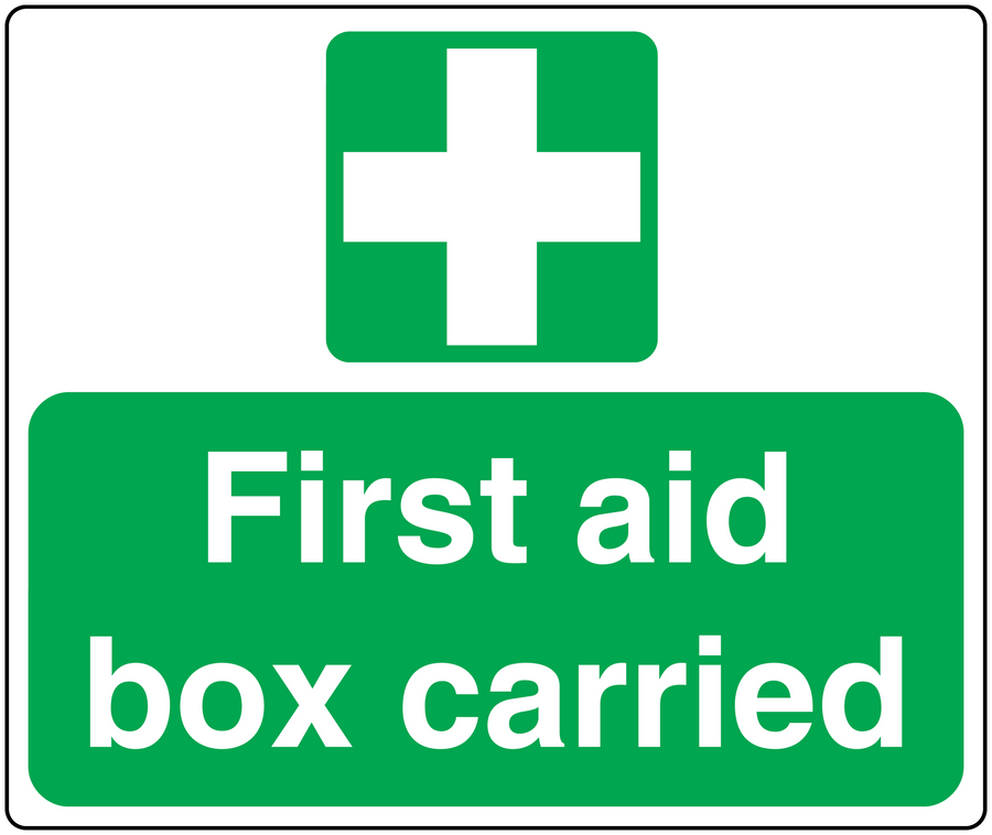 Green first aid box carried sticker with white medical cross and bold white text