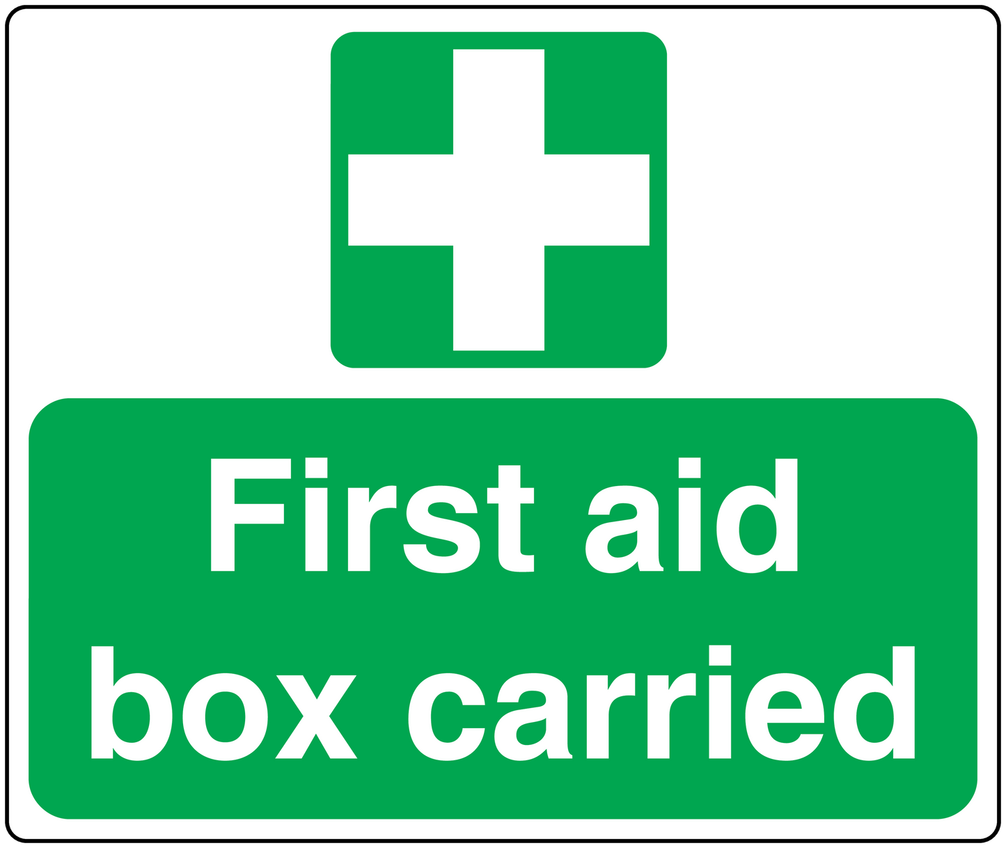 Green first aid box carried sticker with white medical cross and bold white text