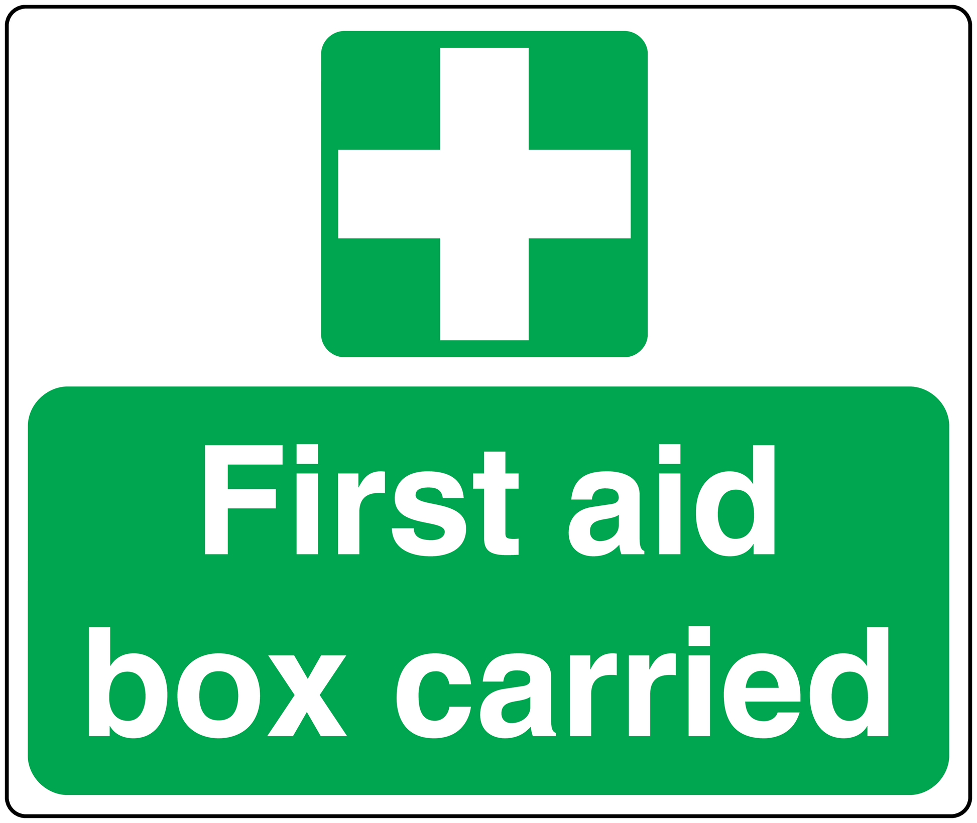 Green first aid box carried sticker with white medical cross and bold white text