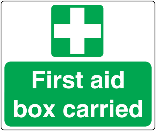 Green first aid box carried sticker with white medical cross and bold white text