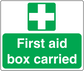 Green first aid box carried sticker with white medical cross and bold white text